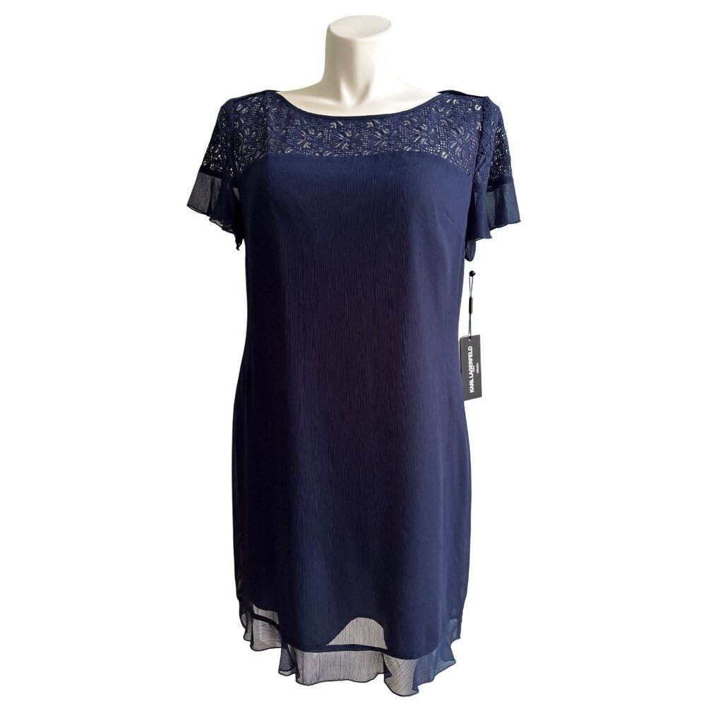 Karl Lagerfeld Paris NWT Womens Navy Lace Yoke Flutter Sleeve Dress Size 16